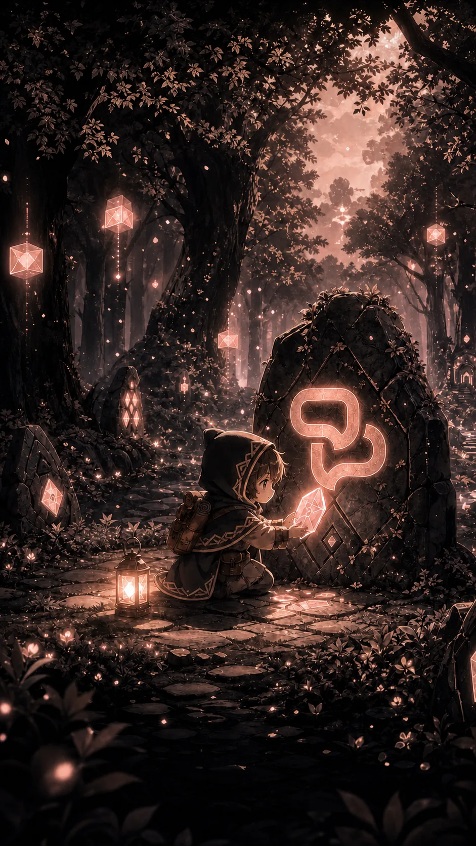 A hooded wanderer at a glowing MYRPW rune stone in a lantern-lit forest